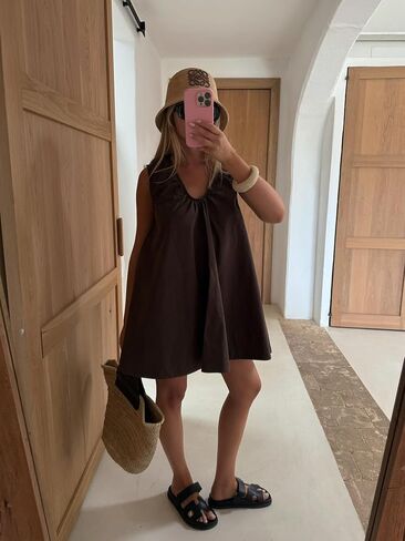 Women's Sleeveless Babydoll Tank Mini Dress U-Neck Ruched Short Dresses with Pockets Club Dress in Saudi Arabia