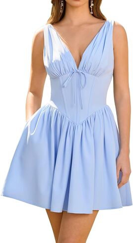 GLNEGE Women Summer Graduation Corset Mini Dresses Casual V Neck Flowy A-Line Cute Going Out Party Dress with Pockets in Kuwait