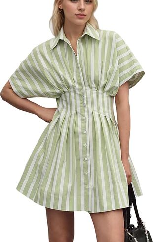 Women Button Down Pleated Shirt Dress Striped Short Sleeve Summer Casual Business Flowy Mini Short Dress in Kuwait