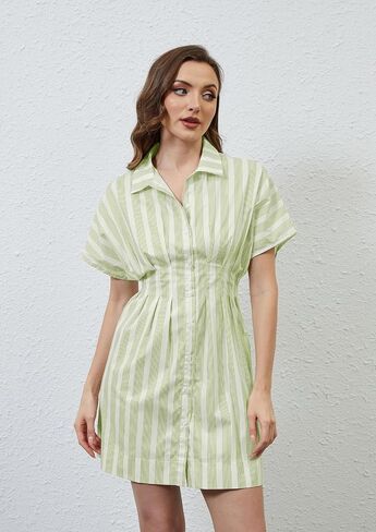 Women Button Down Pleated Shirt Dress Striped Short Sleeve Summer Casual Business Flowy Mini Short Dress in Kuwait