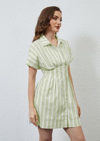 Women Button Down Pleated Shirt Dress Striped Short Sleeve Summer Casual Business Flowy Mini Short Dress in Kuwait