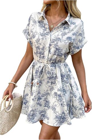 SOLY HUX Women's Floral Print Button Short Sleeve Summer Boho Flowy Short Dress Beach Vacation Clothes in Saudi Arabia