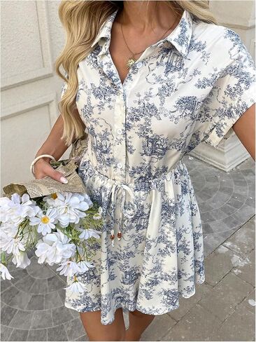 SOLY HUX Women's Floral Print Button Short Sleeve Summer Boho Flowy Short Dress Beach Vacation Clothes in Saudi Arabia