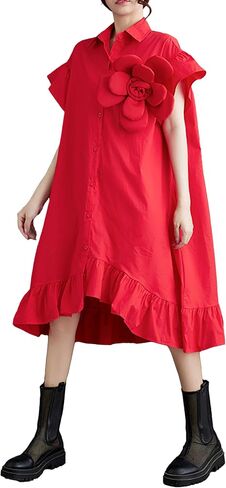 ellazhu Women's Dress Loose Irregular Ruffle Hem Flower Button Down V-Neck Short Sleeve Shirt GZ210 in Saudi Arabia
