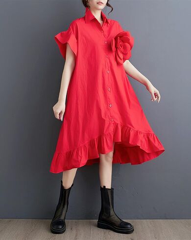 ellazhu Women's Dress Loose Irregular Ruffle Hem Flower Button Down V-Neck Short Sleeve Shirt GZ210 in Saudi Arabia