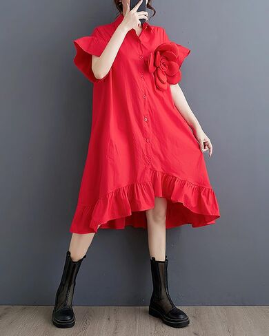 ellazhu Women's Dress Loose Irregular Ruffle Hem Flower Button Down V-Neck Short Sleeve Shirt GZ210 in Saudi Arabia