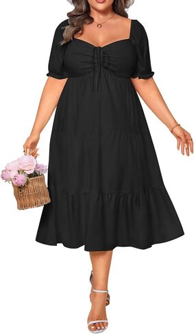 Plus Size Summer Dresses - Sweetheart Neck Drawstring Puff Sleeve Casual Wedding Guest Tiered Aline Flowy Midi Dress in Saudi Arabia