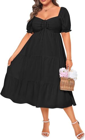 Plus Size Summer Dresses - Sweetheart Neck Drawstring Puff Sleeve Casual Wedding Guest Tiered Aline Flowy Midi Dress in Saudi Arabia
