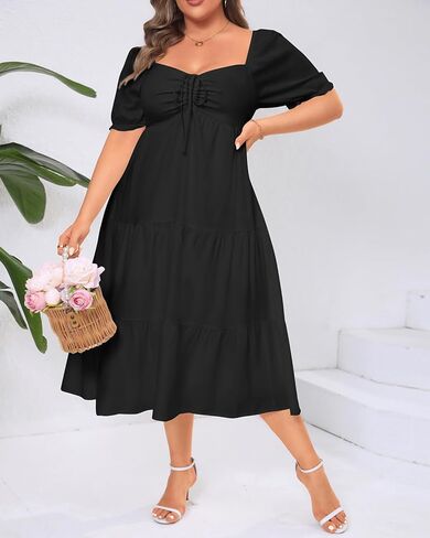 Plus Size Summer Dresses - Sweetheart Neck Drawstring Puff Sleeve Casual Wedding Guest Tiered Aline Flowy Midi Dress in Saudi Arabia