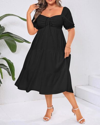 Plus Size Summer Dresses - Sweetheart Neck Drawstring Puff Sleeve Casual Wedding Guest Tiered Aline Flowy Midi Dress in Saudi Arabia