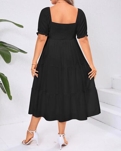 Plus Size Summer Dresses - Sweetheart Neck Drawstring Puff Sleeve Casual Wedding Guest Tiered Aline Flowy Midi Dress in Saudi Arabia