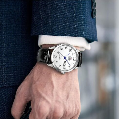 Orient Tristar 3 Star Automatic Watch for Men, Classic White Dial Blue Hands Leather Brand Dress Watch Stainless Steel RA-AB0004S0BD in Saudi Arabia