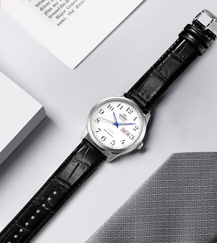 Orient Tristar 3 Star Automatic Watch for Men, Classic White Dial Blue Hands Leather Brand Dress Watch Stainless Steel RA-AB0004S0BD in Saudi Arabia