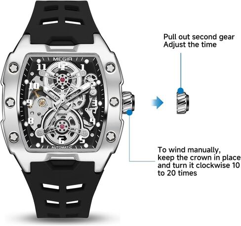 Megir Megir Automatic Mechanical Men Watch ، شريط السيليكون ، سبيكة سبيكة 43 × 50 مم ، 3ATM مقاومة للماء ، أيدي مضيئة in Saudi Arabia