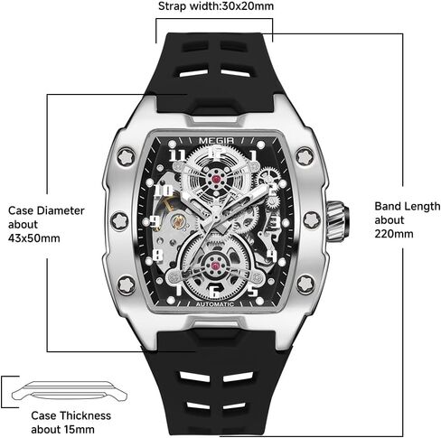Megir Megir Automatic Mechanical Men Watch ، شريط السيليكون ، سبيكة سبيكة 43 × 50 مم ، 3ATM مقاومة للماء ، أيدي مضيئة in Saudi Arabia