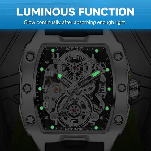 Megir Megir Automatic Mechanical Men Watch ، شريط السيليكون ، سبيكة سبيكة 43 × 50 مم ، 3ATM مقاومة للماء ، أيدي مضيئة in Saudi Arabia