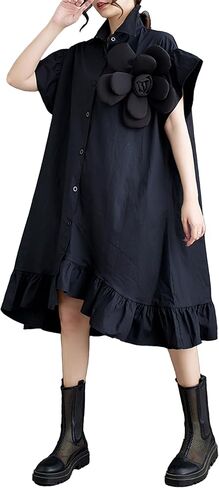 ellazhu Women's Dress Loose Irregular Ruffle Hem Flower Button Down V-Neck Short Sleeve Shirt GZ210 in Saudi Arabia