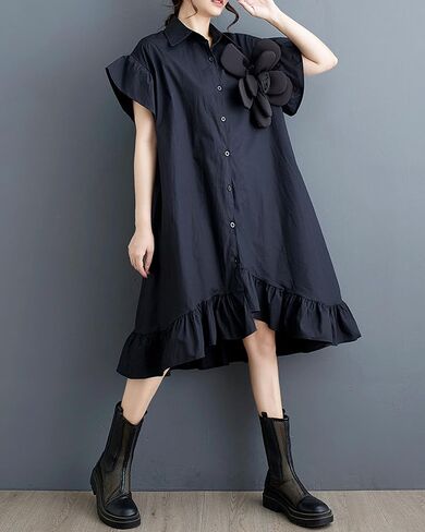 ellazhu Women's Dress Loose Irregular Ruffle Hem Flower Button Down V-Neck Short Sleeve Shirt GZ210 in Saudi Arabia