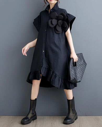 ellazhu Women's Dress Loose Irregular Ruffle Hem Flower Button Down V-Neck Short Sleeve Shirt GZ210 in Saudi Arabia