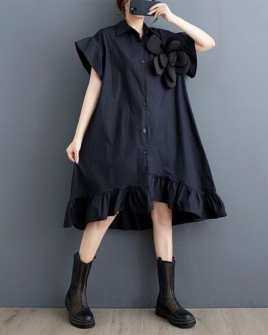 ellazhu Women's Dress Loose Irregular Ruffle Hem Flower Button Down V-Neck Short Sleeve Shirt GZ210 in Saudi Arabia