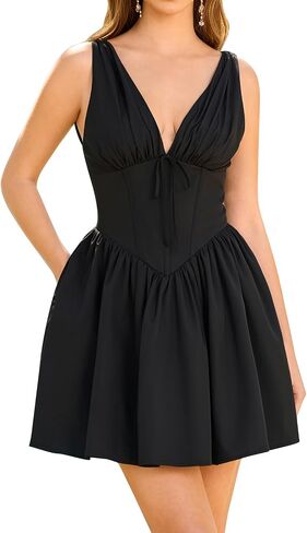 GLNEGE Women Summer Graduation Corset Mini Dresses Casual V Neck Flowy A-Line Cute Going Out Party Dress with Pockets in Kuwait