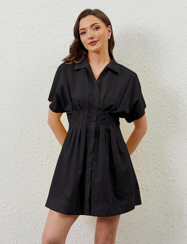 Women Button Down Pleated Shirt Dress Striped Short Sleeve Summer Casual Business Flowy Mini Short Dress in Kuwait