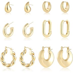 wgoud 6 Pairs Gold Hoop Earrings for Women,14K Gold Plated Lightweight Chunky Open Teardrop Hoops for Women,Trendy Gold Twisted Huggie Hoop Earrings in Kuwait