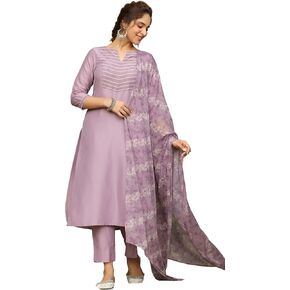 Janasya Indian Women Lavender Embroidered Kurta Kurti Top Tunic Festive Evening wear Kurta with Bottom and Dupatta for Women in Kuwait