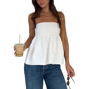 Women Strapless Peplum Top Y2k Floral Tube Tops Ruffle Hem Babydoll Summer Going Out Bandeau Top in Kuwait