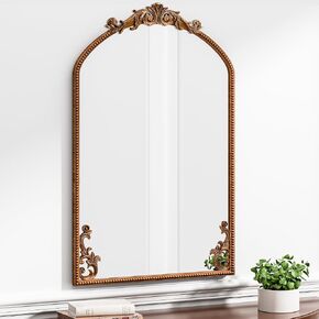 مرآة ذهبية عتيقة ، 36 "x24" مقوس الباروك النحاس الباروكي ديكور مرآة ، مرآة عتيقة مثبتة على الحائط مع إطار معدني وفن أسفله منحوت ، مرآة مزخرفة للدخول/غرفة النوم/الحمام/الموقد/الردهة in Saudi Arabia
