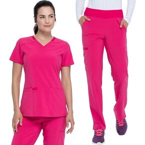 Dickies Scrub Set For Women V-Neck Top DK615 Natural Rise Tapered Leg Pull-On Pant DK005 with 360° Stretch Fabric, Hot Pink - M Top/M Tall Pant in Kuwait