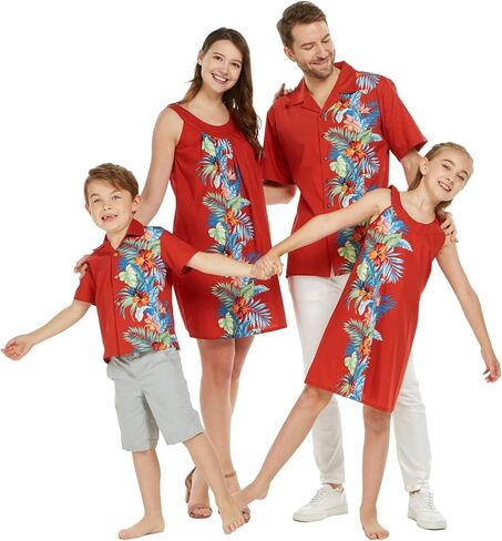 Matchable Family Hawaiian Luau Men Women Girl Boy Clothes in Orchid Paradise Red in Saudi Arabia