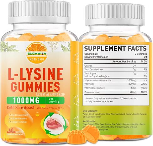 L-Lysine Gummies 1000 mg ، ملحق مؤلم بارد مع الدعم المناعي للشفاه والفم ، مضغ Lysine Gummies للبالغين والأطفال ، تعزيز المناعة والكولاجين ، غير المعدلة وراثيا ، نباتي ، خالية من الغلوتين-60 تهم in Kuwait