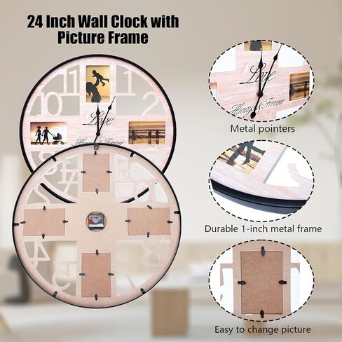 Large Wall Clock with Picture Frames Collage Deco Silent Rustic Farmhouse Wall Clock Battery Operated Oversized Wall Clocks for Living Room Home Kitchen 24 Inch in Saudi Arabia