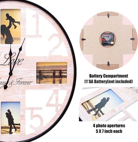 Large Wall Clock with Picture Frames Collage Deco Silent Rustic Farmhouse Wall Clock Battery Operated Oversized Wall Clocks for Living Room Home Kitchen 24 Inch in Saudi Arabia
