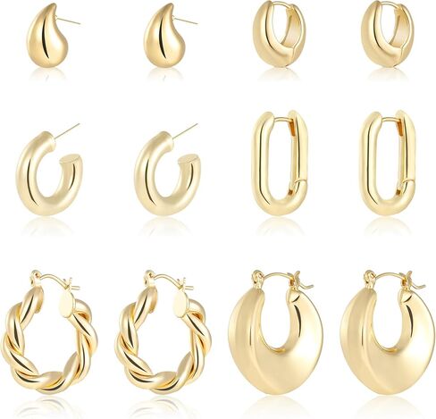 wgoud 6 Pairs Gold Hoop Earrings for Women,14K Gold Plated Lightweight Chunky Open Teardrop Hoops for Women,Trendy Gold Twisted Huggie Hoop Earrings in Kuwait