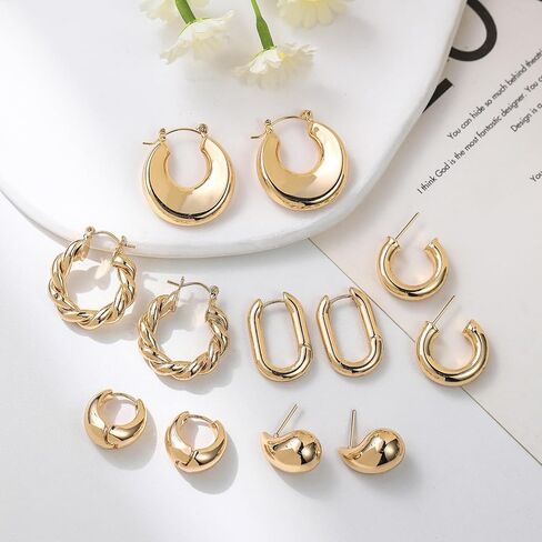 wgoud 6 Pairs Gold Hoop Earrings for Women,14K Gold Plated Lightweight Chunky Open Teardrop Hoops for Women,Trendy Gold Twisted Huggie Hoop Earrings in Kuwait