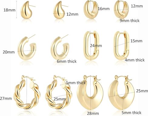 wgoud 6 Pairs Gold Hoop Earrings for Women,14K Gold Plated Lightweight Chunky Open Teardrop Hoops for Women,Trendy Gold Twisted Huggie Hoop Earrings in Kuwait