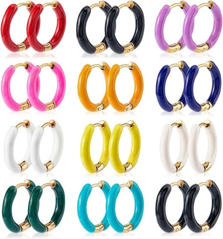 Dicosmetic 24pcs 12 Colortlitulling Monatull Hoop أقراط Golden Huggie Hoop أقراط 12 ملمًا صغيرًا أقراط أقراط الفولاذ المقاوم للصدأ مجموعة مجوهرات أزياء للنساء in Saudi Arabia