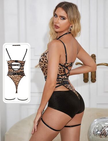 Ohyeahlady النساء ليوبارد تيدي حجم كبير الملابس الداخلية مثير ارتداءها مع حزام الرباط قابل للتعديل الدمى الملابس الداخلية XS-4XL in Kuwait