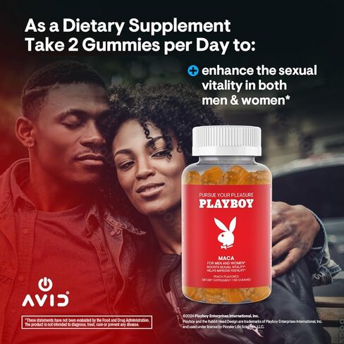 Playboy - Maca Root Gummies for Women and Men (60 Count - Peach Flavored) - تعزيز الحيوية الجنسية ، الرغبة الجنسية ، الخصوبة - مكملات Maca Gummies - طبيعية 100 ٪ ، نباتي غير وكر. in Kuwait