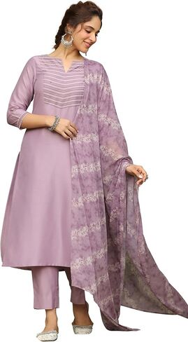 Janasya Indian Women Lavender Embroidered Kurta Kurti Top Tunic Festive Evening wear Kurta with Bottom and Dupatta for Women in Kuwait