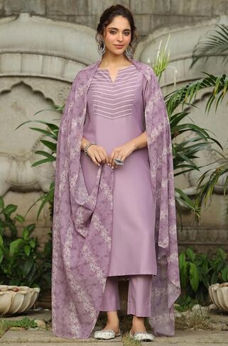 Janasya Indian Women Lavender Embroidered Kurta Kurti Top Tunic Festive Evening wear Kurta with Bottom and Dupatta for Women in Kuwait