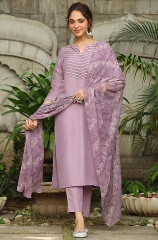 Janasya Indian Women Lavender Embroidered Kurta Kurti Top Tunic Festive Evening wear Kurta with Bottom and Dupatta for Women in Kuwait