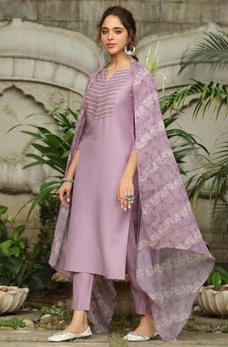 Janasya Indian Women Lavender Embroidered Kurta Kurti Top Tunic Festive Evening wear Kurta with Bottom and Dupatta for Women in Kuwait