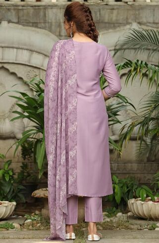 Janasya Indian Women Lavender Embroidered Kurta Kurti Top Tunic Festive Evening wear Kurta with Bottom and Dupatta for Women in Kuwait