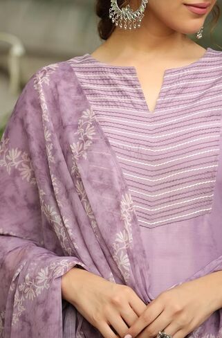 Janasya Indian Women Lavender Embroidered Kurta Kurti Top Tunic Festive Evening wear Kurta with Bottom and Dupatta for Women in Kuwait