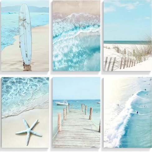 6Pcs Blue Seascape Beach Wall Art Summer Tropical Ocean Coastal Canvas Wall Decor Starfish Bridge Boat Surfboard Painting Prints Surfers Pictures Trendy College Preppy Dorm Posters Unframed in Saudi Arabia