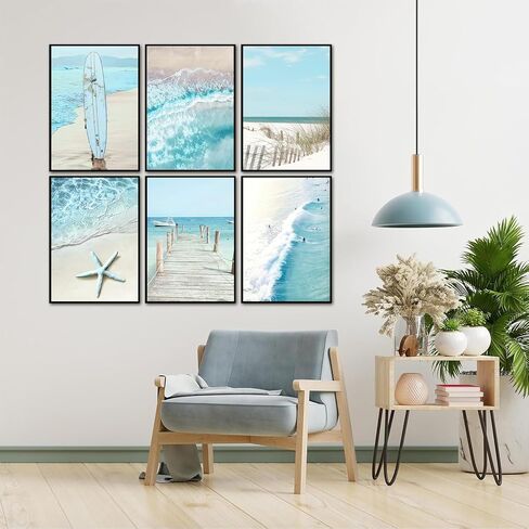 6Pcs Blue Seascape Beach Wall Art Summer Tropical Ocean Coastal Canvas Wall Decor Starfish Bridge Boat Surfboard Painting Prints Surfers Pictures Trendy College Preppy Dorm Posters Unframed in Saudi Arabia