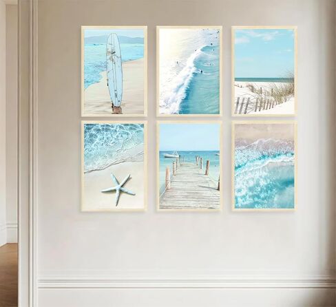 6Pcs Blue Seascape Beach Wall Art Summer Tropical Ocean Coastal Canvas Wall Decor Starfish Bridge Boat Surfboard Painting Prints Surfers Pictures Trendy College Preppy Dorm Posters Unframed in Saudi Arabia